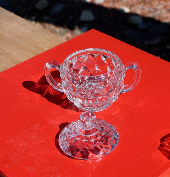 Vintage Clear PRESSED GLASS Sugar Bowl and Creamer in A Diamond Pattern with Sunburst on the Bottom  1950s  E