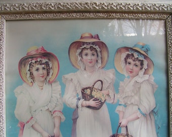 A STUNNING Beaded Highly Detailed Wood FRAME Highlights this German Print of Three Basket and Bonnet Girls