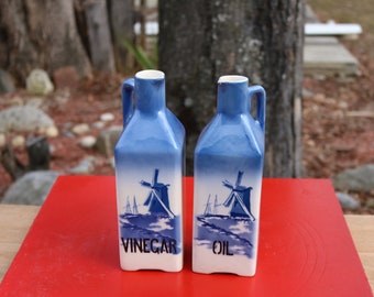 Vintage Ceramic Cruet Set Vinegar and Oil made in Czechoslovakia Ditmar Urbach Mode Le Depose Blue Windmills Signed on one early 1920s