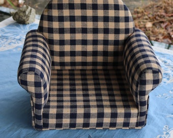 90s DOLLS Stuffed ARM CHAIR in Navy Blue and Beige Plaid by The Tender Art Collection Unicorn Merchandise Texas
