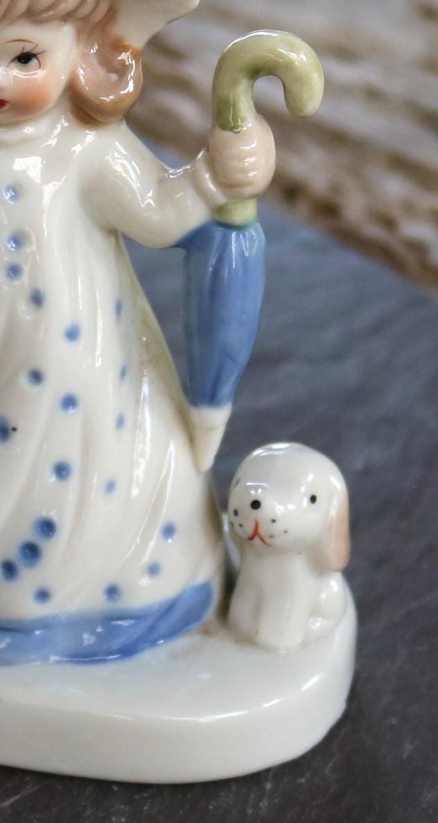 70s Porcelain Figurine Young Girl With Her Dog Blue & White S - Etsy