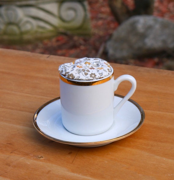Porcelain Teacup Pincushion White with Gold Trim Marked Gormer Porcelanas Brazil Sewing Crafts