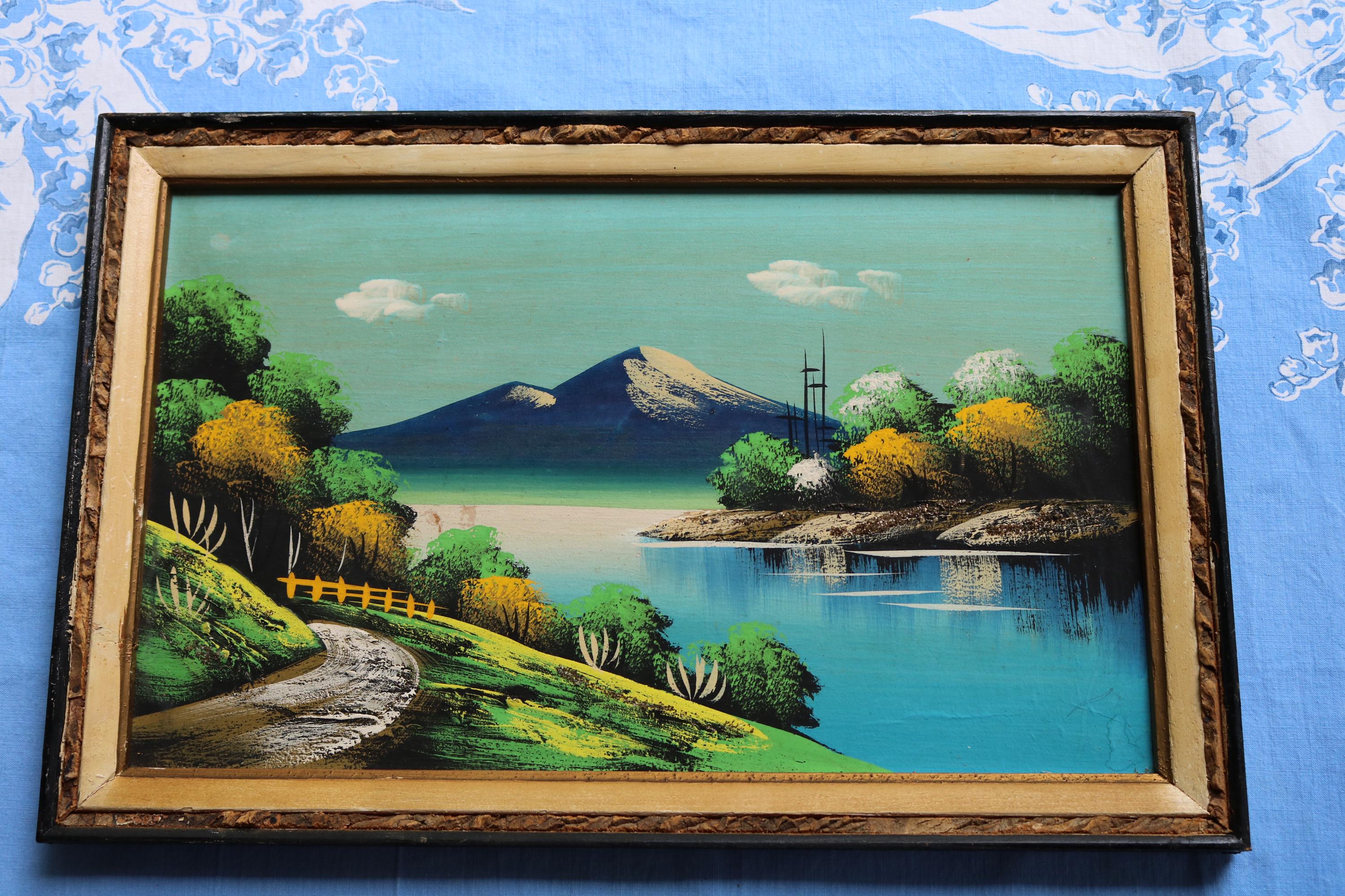 50s Kitsch Souvenir Painting Japanese Landscape on Wooden Panel