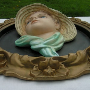 60s Chalk Ware Plaque Large 3D by Michigan Composition Lamp Co Woman Amazing Color and Detail