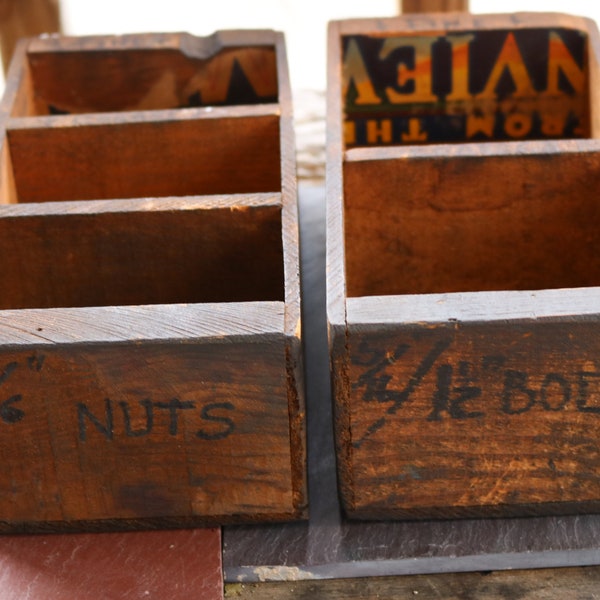 Nuts and Bolts Two 40s Wooden Storage Boxes made from Old Crates with Labels ROCKY & From The View