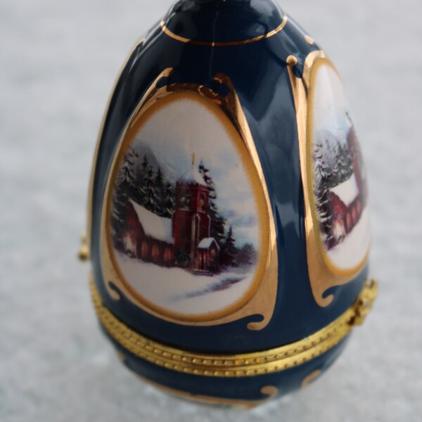 90s Metal Hinged Porcelain Christmas Ornament for Repurpose Supply Egg Shaped Church