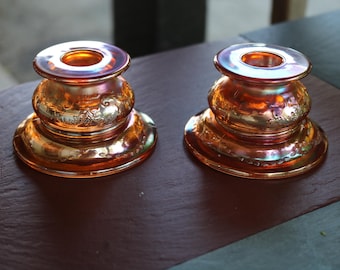 1930's Carnival Glass Candlestick Holders set of 2 Deep Marigold by Federal Glass in the Madrid Pattern