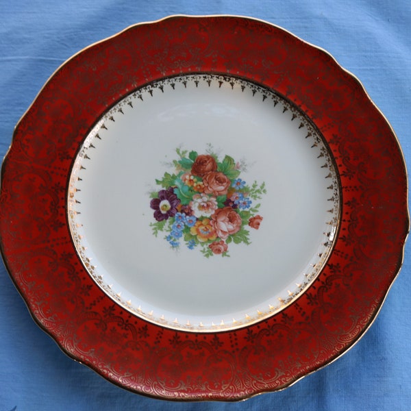 50s WILTSHIRE Cake Plate 11" Red with 22 carat Gold Transfer Floral Center England