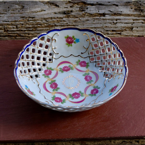 Elegant T LIMOGES Porcelain Basket Weave Bowl Lavender Flowers with Blue and Gold Trim Crown and Sword Mark