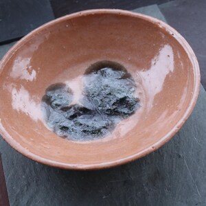 May include: A small, round, terracotta-colored ceramic bowl with a dark, textured substance in the center. The bowl sits on a dark gray and brown stone surface. The bowl's interior has a glossy finish.