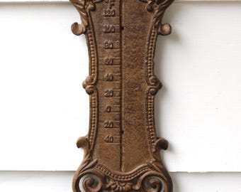 Vintage Cast Metal Outdoor THERMOMETER Plaque Ornate Yard Art
