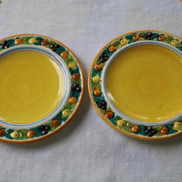 Set of TWO 50s Della Robbia Yellow MAJOLICA Italian Pottery 5 1/2" PLATE  #242  J