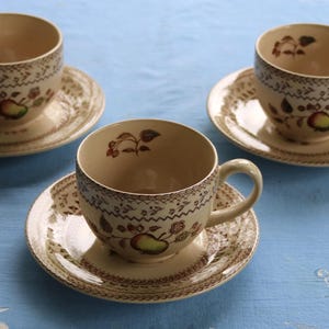 60s 70s Brown on Tan Transferware English TEA CUPS set of 3 in Fruit Sampler Pattern by Johnson Brothers England older version