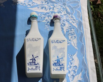 Set of Two Delft Decanter or Cruet BOTTLES Holland Windmills and Sailboats Blue and White Glass