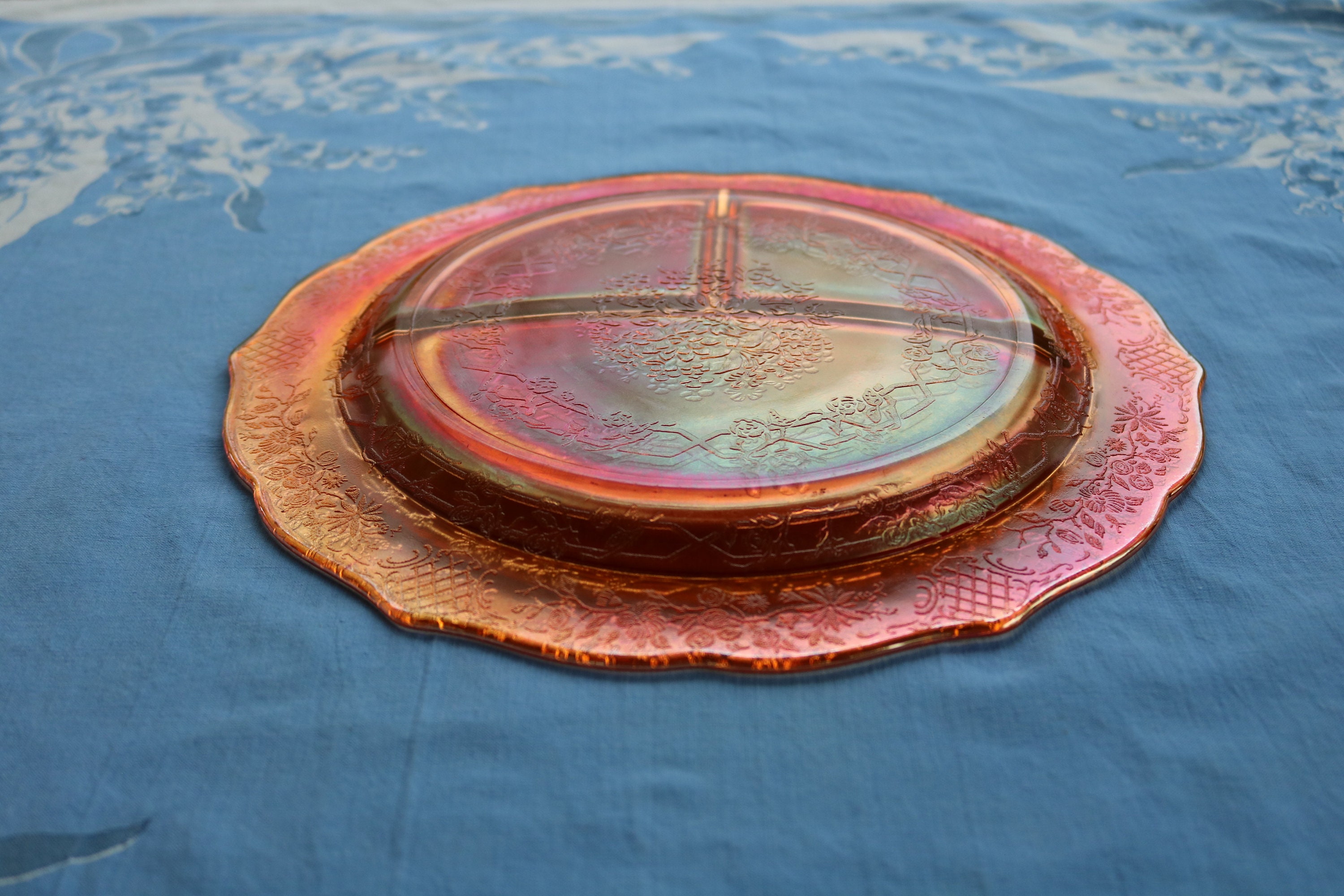 Two 1930's Marigold Carnival Glass Divided Plate in the Normandie