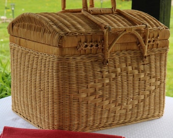 80s Woven Natural WICKER and Bent Wood PICNIC BASKET Large Hinged Domed Lid