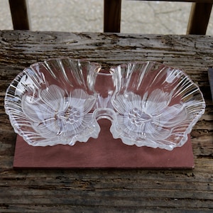 Extremely Unique Double Bowl Dish with Frosted Glass Flowers Centerpiece Serving Dining Display 1950s 60s
