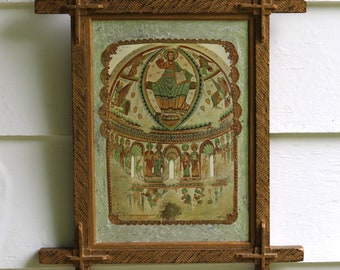 Vintage Framed Fresco Mixed Media CHRIST in MAJESTY with Symbols of the Four Evangelists Medieval Romanesque Icon SPAIN