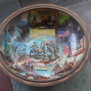 70s AMERICANA Metal RUSTY Bowl Declaration of Independence Paul Revere&#39;s Ride Bunker Hill Liberty Bell American Flag Statue of Liberty