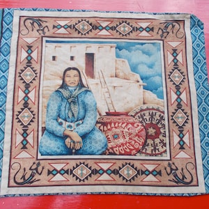 May include: A decorative pillow featuring a Native American woman in a blue dress, sitting in front of a Southwestern-style building. The pillow has a blue and brown geometric border with lizards on each corner.