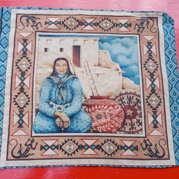 NATIVE AMERICAN Themed Pillow Case Adobe house Female Sitting on one side Wild Horses on the other Intense Colors
