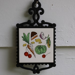 60s Black Cast Iron TRIVET Hanging Ceramic Tile Vegetables Cherries Fish Cheese JAPAN