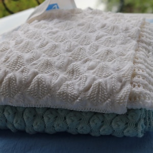 TWO 1960&#39;s Machine Knit BABY BLANKETS White and Blue Summer Weight Acrylic