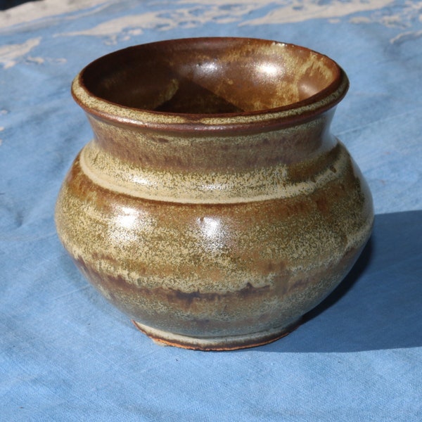 90s Artisans Earthtone Dripped Glaze PLANTER Pottery Green Brown and Beige Hand Crafted 3 3/4" Tall
