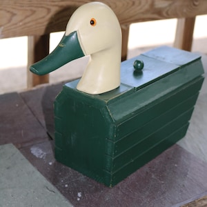 late 60's Wooden DUCK BOX by Davidson-Uphoff England Green Poseable Head