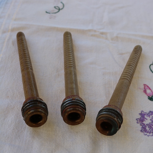 1900's Set of THREE INDUSTRIAL BOBBINS from old Textile Mill Victorian Wood and Copper