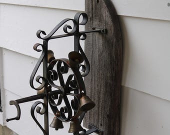 early 1900's Crank PRAYER BELLS Brass & Wrought Iron Mounted on Barnwood