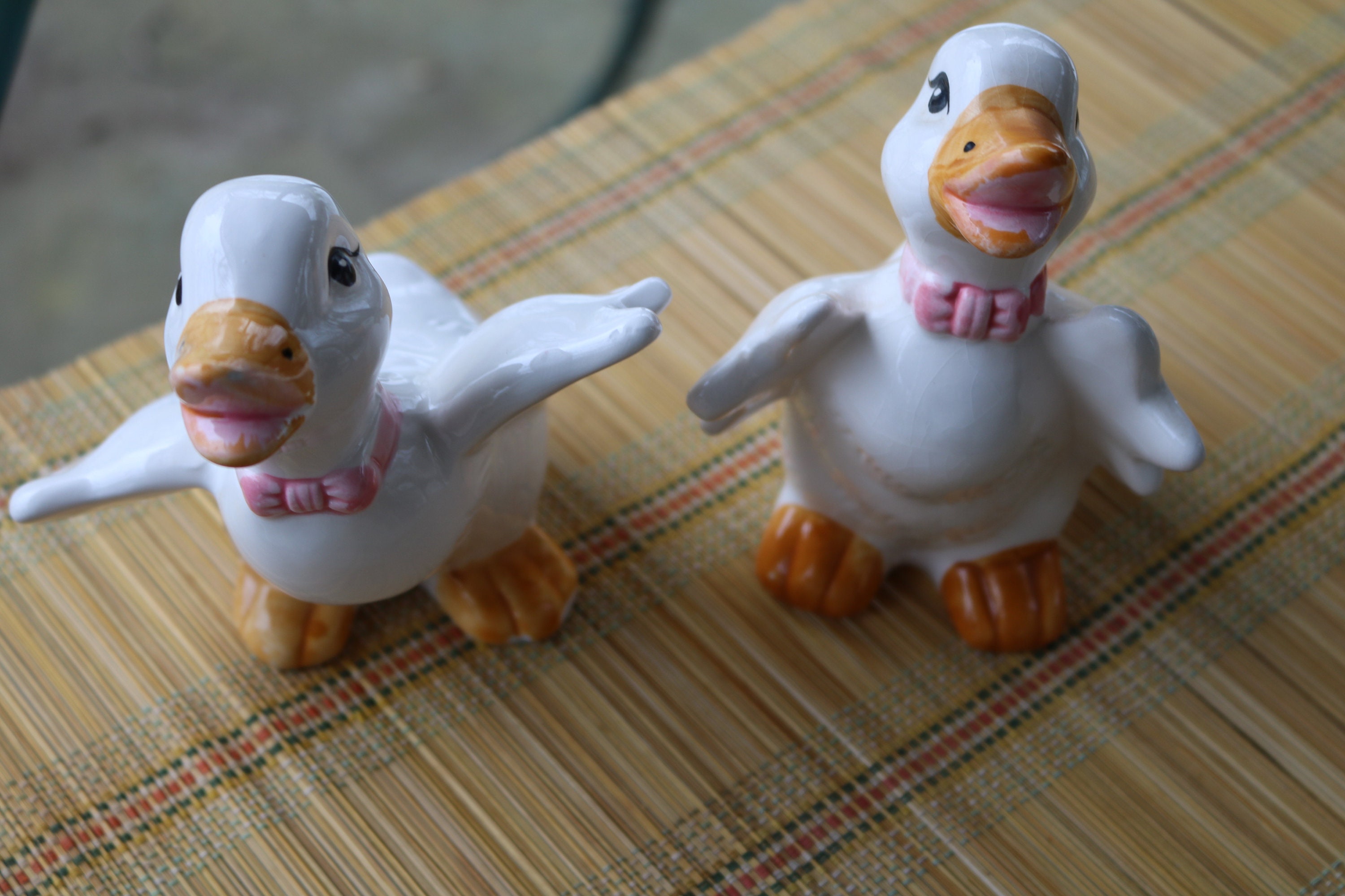 70s Set of 2 Ceramic DUCKS Wings Flapping Beaks Opens Hand Painted