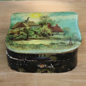 Antique Victorian JEWELRY BOX 1800&#39;s Celluloid Cover Cottage and Fisherman Unisex