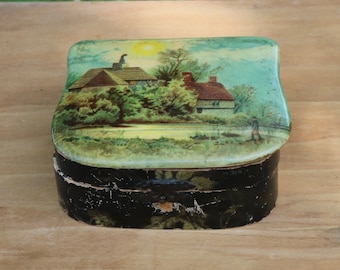 Antique Victorian JEWELRY BOX 1800's Celluloid Cover Cottage and Fisherman Unisex