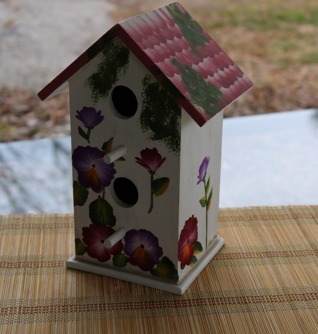 Snapshot of 90S Indoor Outdoor Bird House Hand Painted Pansies Purple Rose White Cottagecore