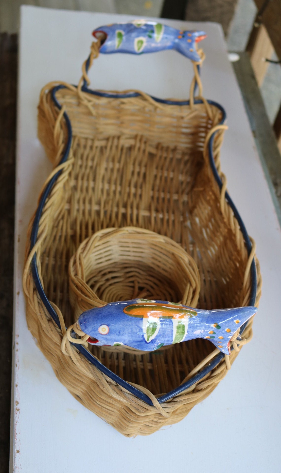 80s Wicker CHIP and DIP BASKET Ceramic Fish Handles Large Etsy UK