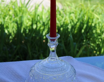 Upcycled Centerpiece CANDLE HOLDER two-piece 60's Pressed Glass Bowl and Candlestick Holder Fleur de Lis
