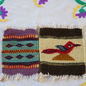 Two Hand Crafted South American/Mexican Folk Art Mini Rugs Geometric is 7 x 4 3/4 inches  Bird Pattern is 7 1/2 by 6 inches 1960s 70s