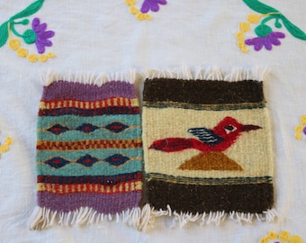 Two Hand Crafted South American/Mexican Folk Art Mini Rugs Geometric is 7 x 4 3/4 inches  Bird Pattern is 7 1/2 by 6 inches 1960s 70s