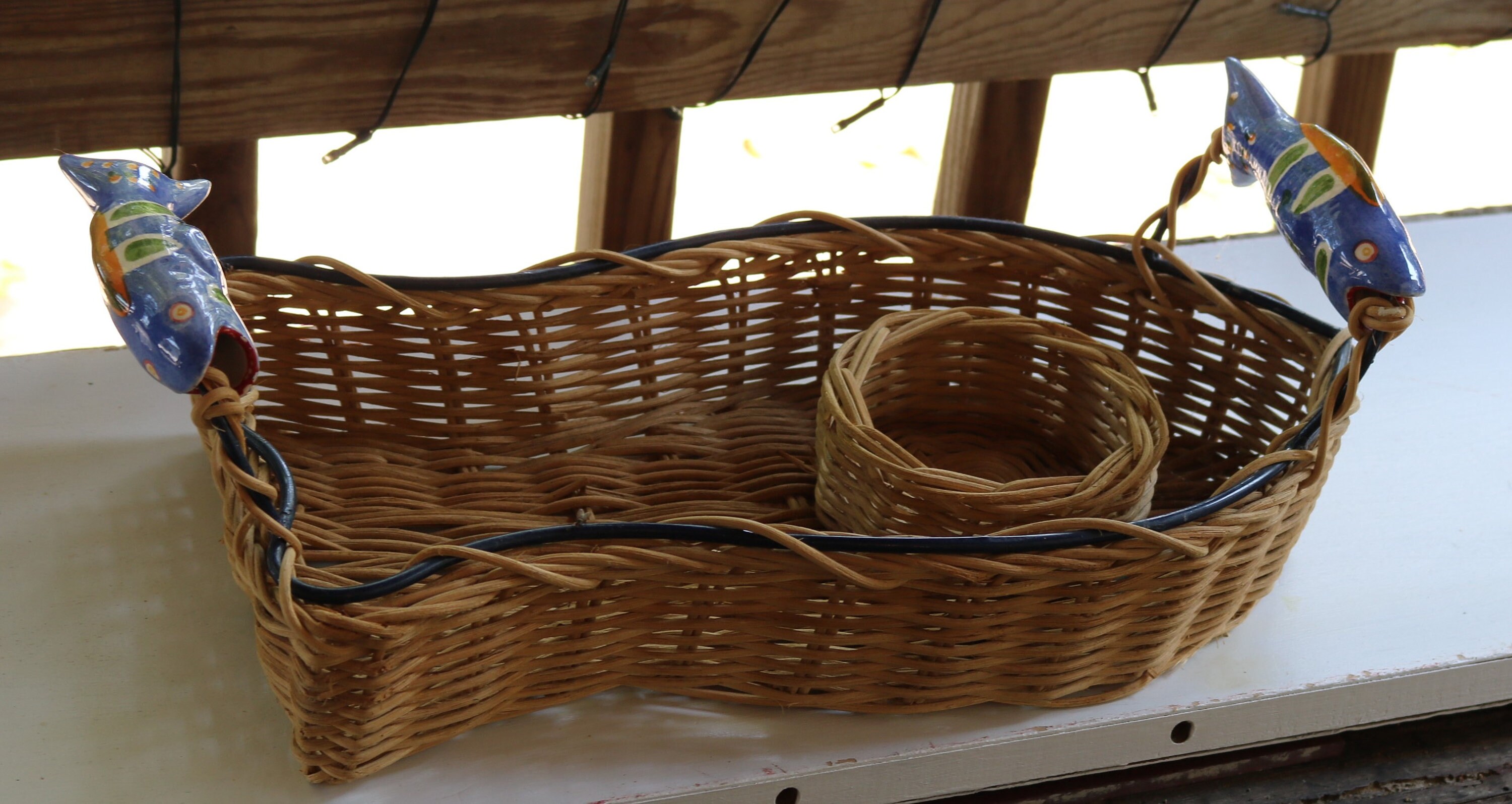 80s Wicker CHIP and DIP BASKET Ceramic Fish Handles Large Etsy UK