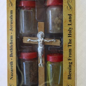 70s HOLY LAND SET Holy Water Holy Incense Holy Soil and Holy Oil with Crude Wooden Crucifix Souvenir Jerusalem