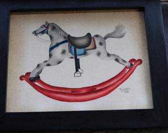 80's Folk Art STELLING SCHILDERIJ Stencil Decoratieve Kunst Rocking Horse New England