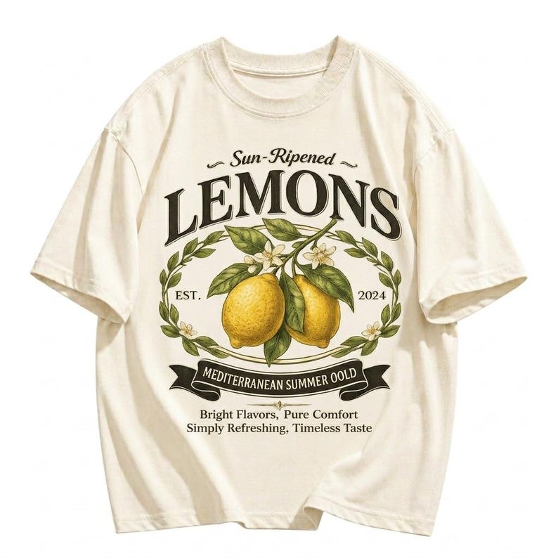 May include: Cream-colored t-shirt featuring a vintage-style graphic of lemons. The design includes the word "LEMONS" above a branch with two lemons, surrounded by a laurel wreath. Text includes "Sun-Ripened", "EST. 2024", and "MEDITERRANEAN SUMMER OOLD".