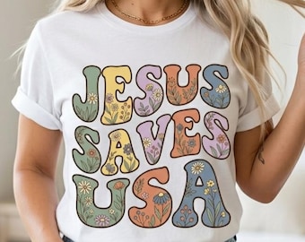 Jesús salva a EE. UU. PNG, Camiseta popular, 4 de julio cristiano, Diseño de fe patriótica, Camiseta cristiana floral (Descarga digital)