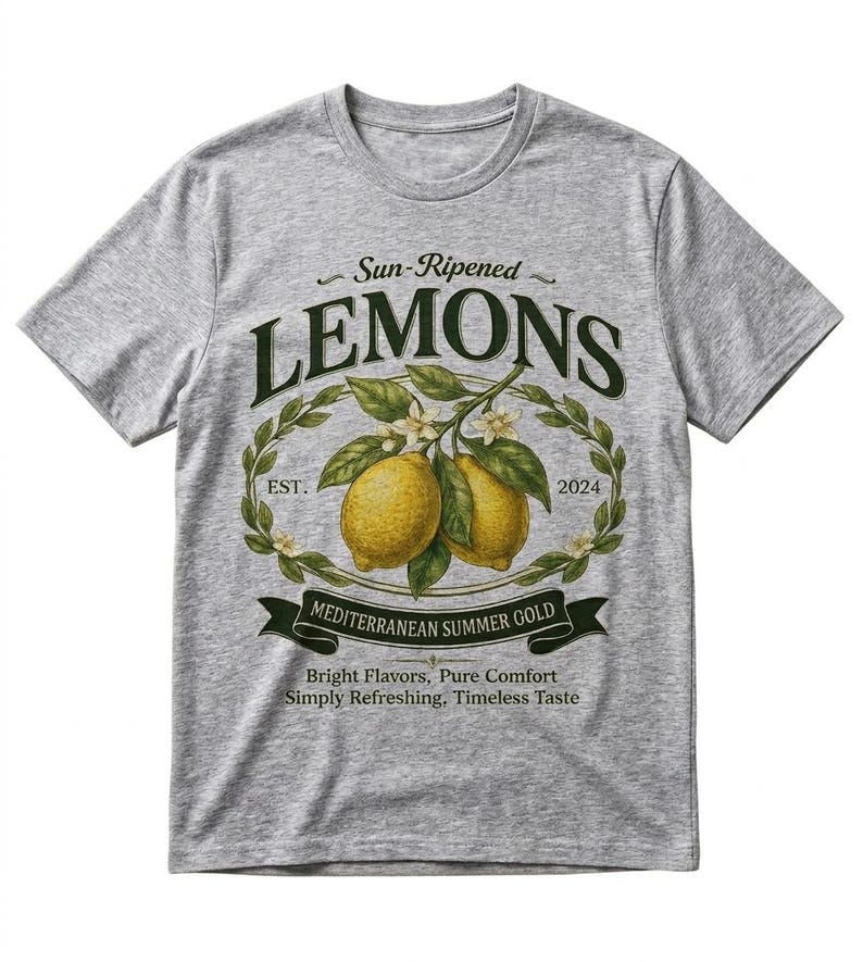 May include: A heather gray t-shirt featuring a vintage-style graphic of lemons. The design includes the text "Sun-Ripened LEMONS" above a wreath with two lemons and the text "MEDITERRANEAN SUMMER GOLD". Additional text reads "Bright Flavors, Pure Comfort, Simply Refreshing, Timeless Taste."