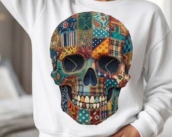 PNG de patchwork falso, PNG de calavera, diseño de camiseta gótica, calavera de patchwork, arte de esqueleto, diseño de camiseta de Halloween (descarga digital)