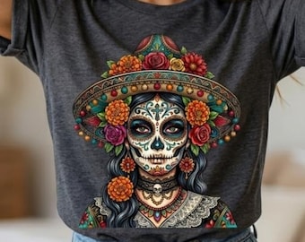 La Catrina PNG, Calavera de niña, Tatuaje, Calavera de azúcar floral PNG, Camiseta popular PNG, Día de los muertos, Diseño de camiseta de Halloween (Descarga digital)