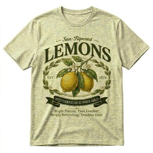 May include: A light gray t-shirt featuring a vintage-style design. The design includes the word "LEMONS" in a large, dark green font, with a depiction of two lemons and the text "Sun-Ripened" and "MEDITERRANEAN SUMMER GOLD".