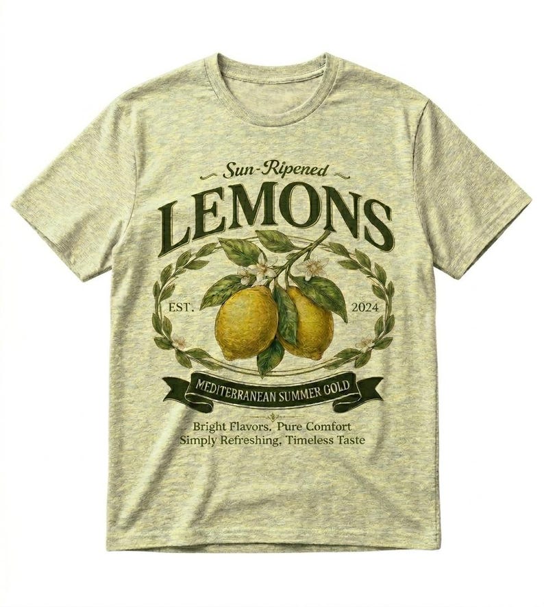 May include: A light gray t-shirt featuring a vintage-style design. The design includes the word "LEMONS" in a large, dark green font, with a depiction of two lemons and the text "Sun-Ripened" and "MEDITERRANEAN SUMMER GOLD".