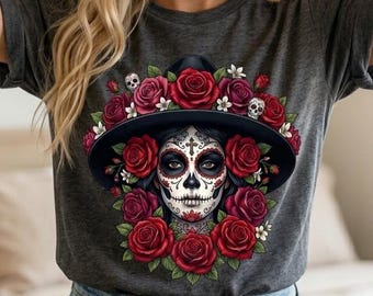 La Catrina PNG, Calavera de niña PNG, Calavera de azúcar floral PNG, Camiseta popular PNG, Día de los muertos, Diseño de camiseta de Halloween (Descarga digital)